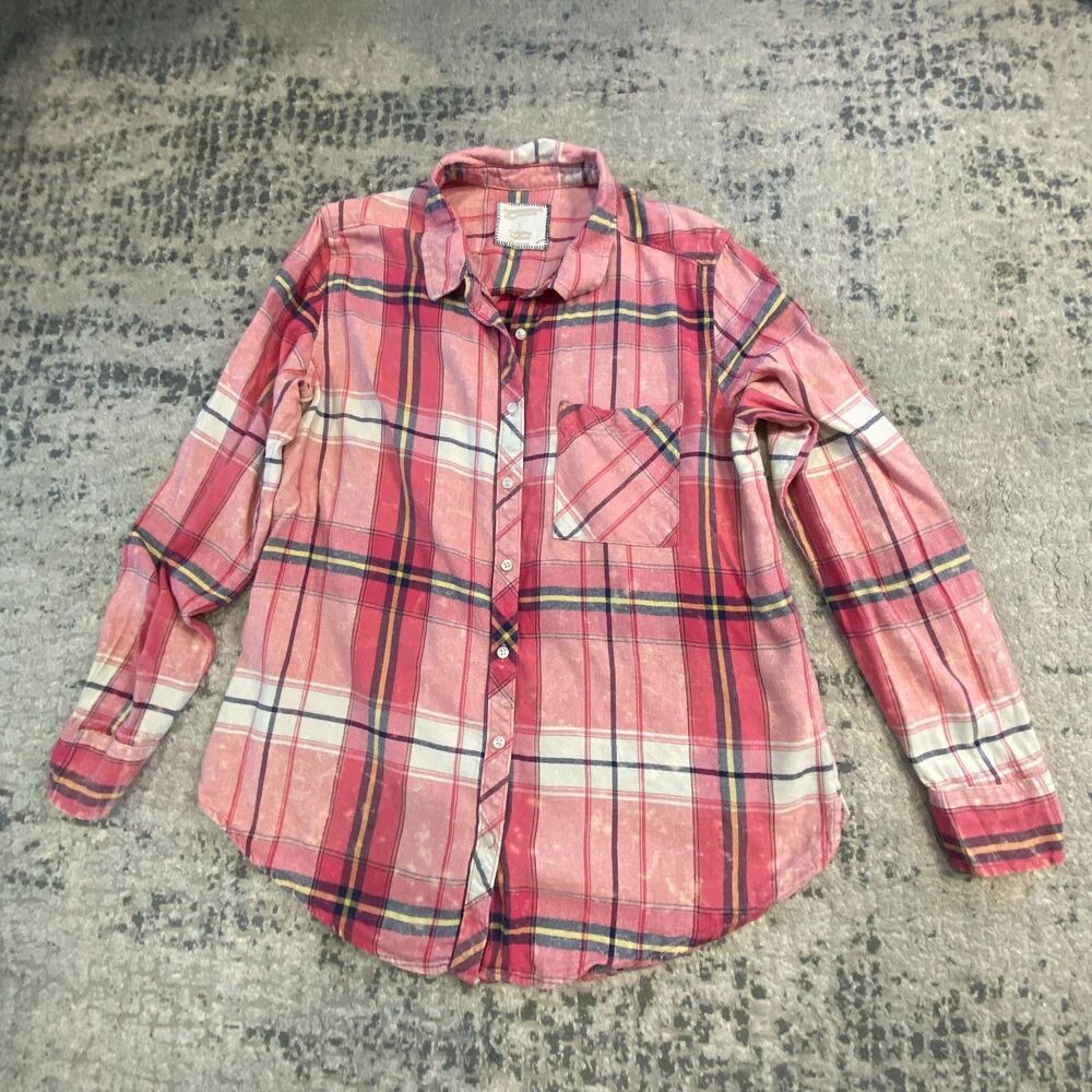 Arizona Jean Co Women L Pink Plaid Flannel Bleach Splatter Distressed Shirt